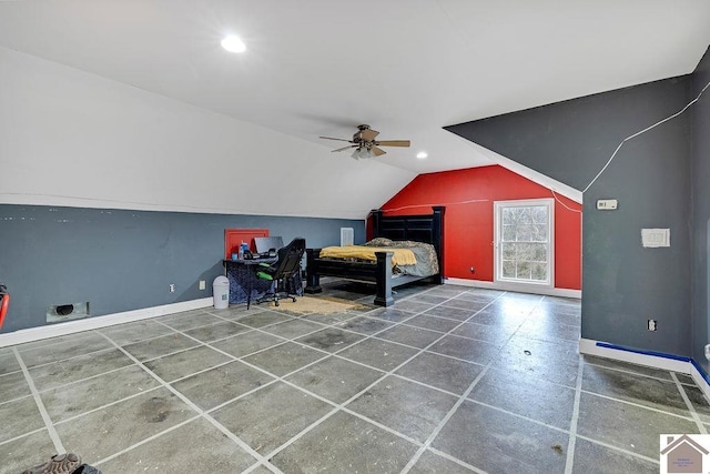 bedroom featuring vaulted ceiling and ceiling fan