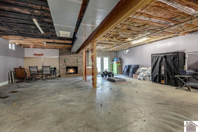 basement with a fireplace