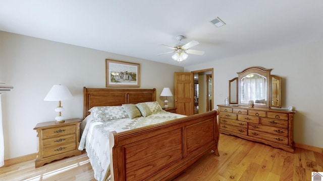 bedroom with ceiling fan and light hardwood / wood-style floors