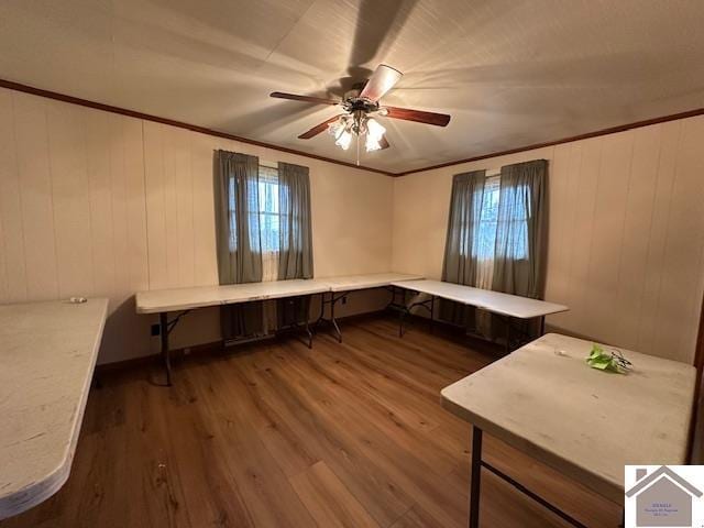 interior space featuring dark wood-type flooring, ceiling fan, and crown molding