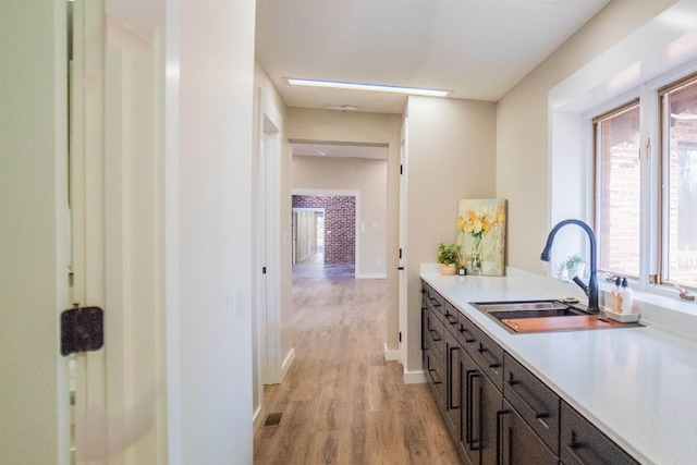 interior space featuring dark brown cabinetry, sink, and light hardwood / wood-style flooring