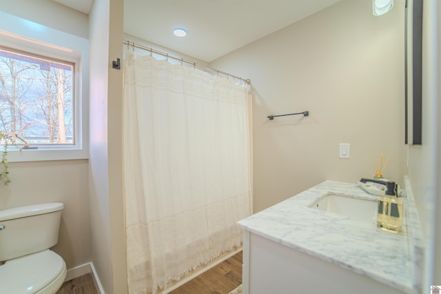 bathroom with vanity, hardwood / wood-style flooring, curtained shower, and toilet