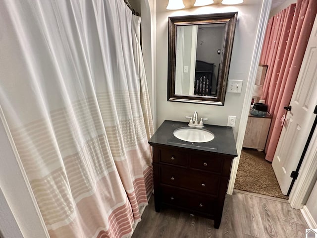 bathroom with hardwood / wood-style flooring and vanity