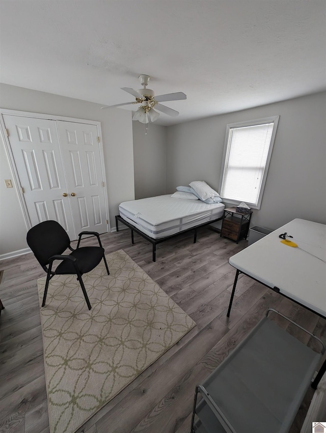 bedroom featuring wood-type flooring, a closet, and ceiling fan