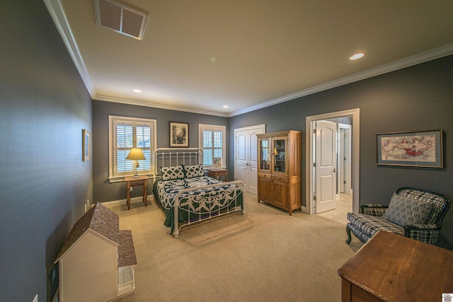 bedroom featuring crown molding and light carpet