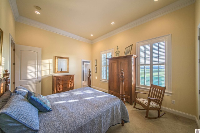 bedroom featuring crown molding and carpet floors