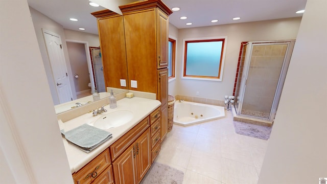 full bathroom with tile patterned flooring, toilet, vanity, and plus walk in shower