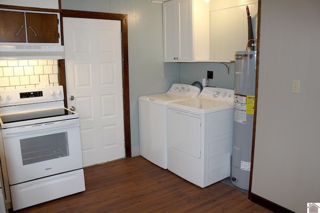 clothes washing area featuring washer and dryer, electric water heater, and dark hardwood / wood-style floors