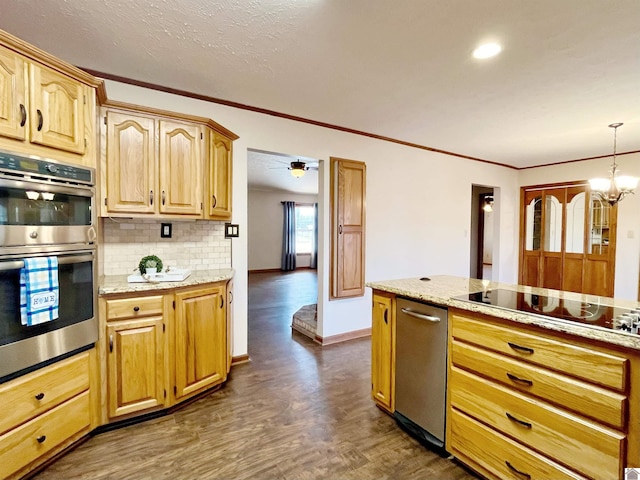 kitchen with backsplash, crown molding, dark wood-type flooring, stainless steel double oven, and black electric cooktop