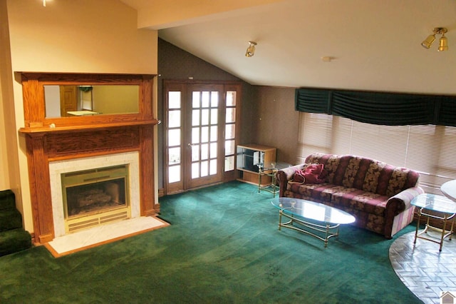 living room with carpet floors and lofted ceiling