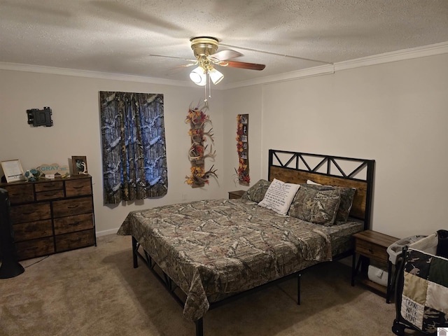 carpeted bedroom featuring ceiling fan, ornamental molding, and a textured ceiling