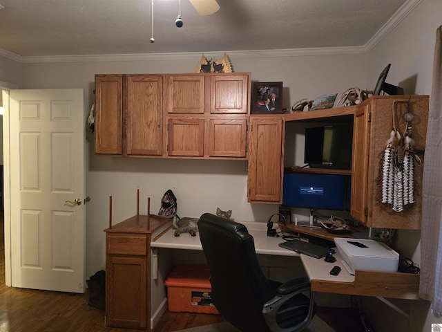 office with crown molding and dark hardwood / wood-style floors