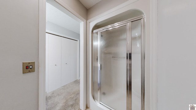 bathroom with a shower with door