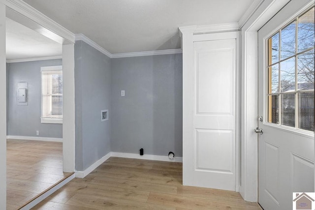 washroom featuring light hardwood / wood-style floors, crown molding, and hookup for a washing machine