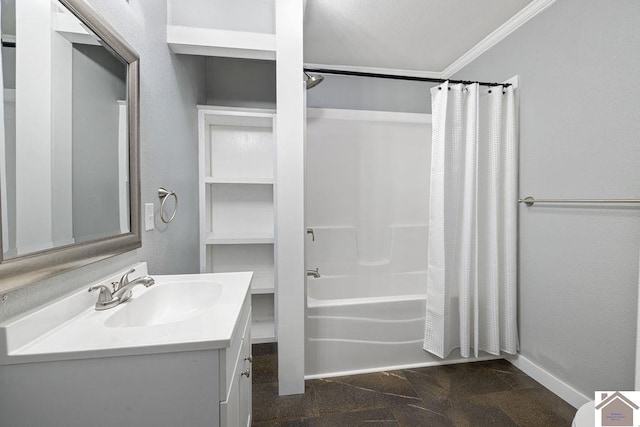 bathroom with shower / bathtub combination with curtain, crown molding, and vanity