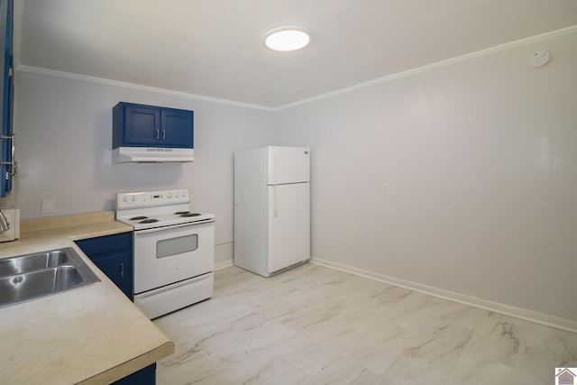 kitchen featuring ornamental molding, sink, white appliances, and blue cabinets