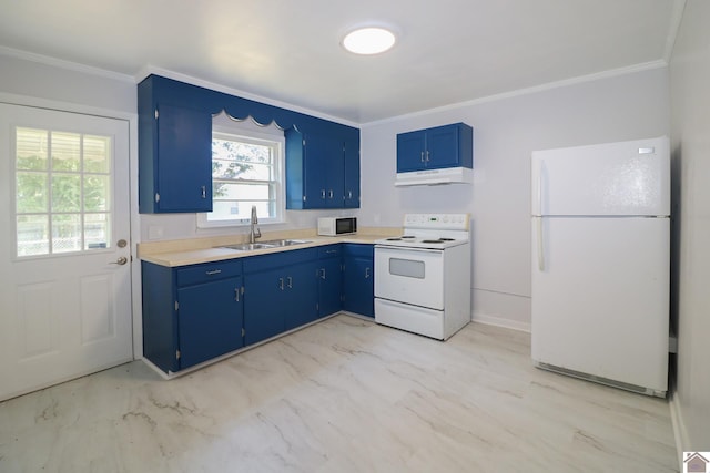 kitchen with ornamental molding, sink, white appliances, and blue cabinetry