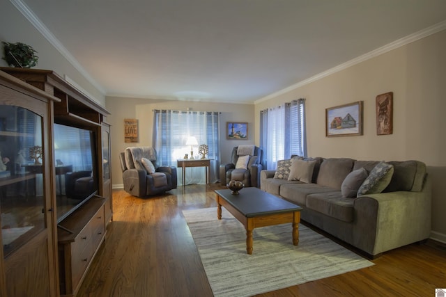 living room featuring hardwood / wood-style floors and crown molding