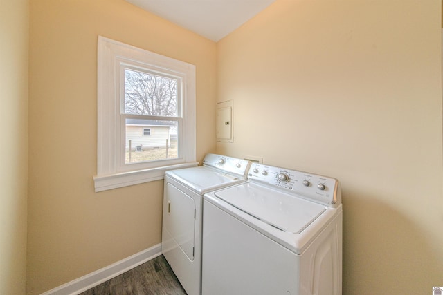 washroom featuring dark wood-style flooring, washing machine and dryer, laundry area, electric panel, and baseboards