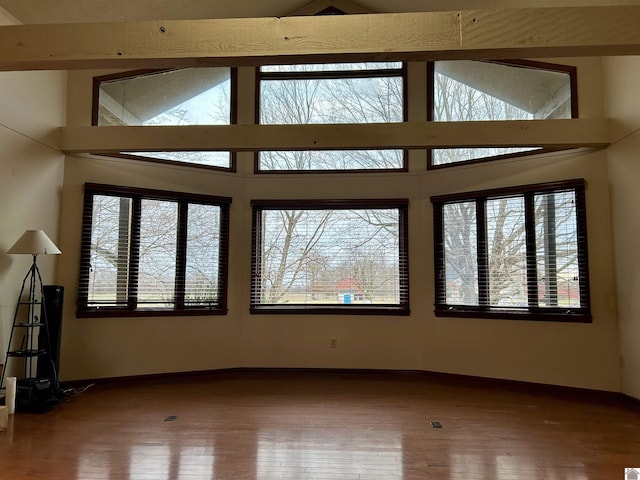 spare room featuring a high ceiling, baseboards, and wood finished floors