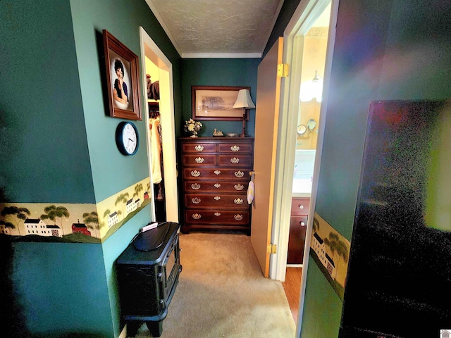 interior space featuring light carpet and a textured ceiling