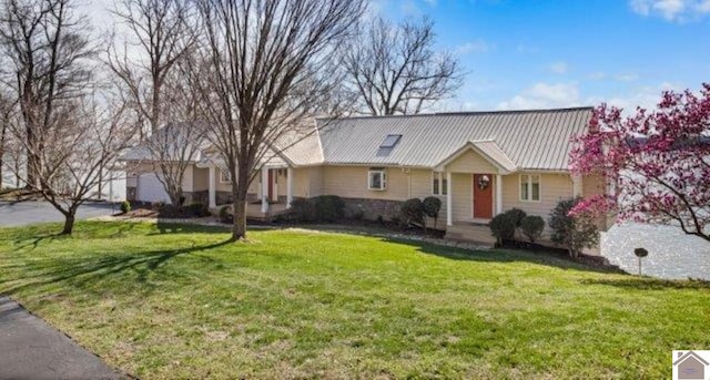 single story home with metal roof and a front lawn