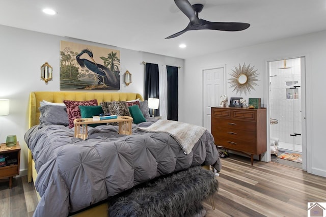 273 Bayshore Dr, Cadiz, KY 42211 - bedroom with wood finished floors, recessed lighting, a ceiling fan, and connected bathroom