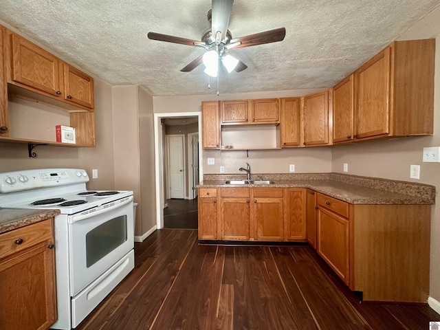 kitchen with a textured ceiling, a sink, white range with electric stovetop, dark wood-style floors, and open shelves