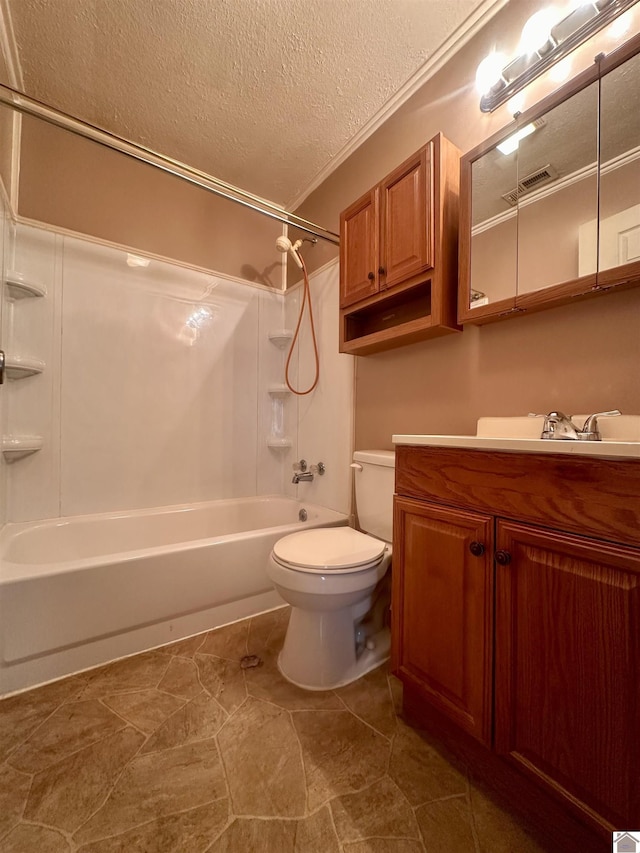 full bathroom featuring a textured ceiling, toilet, shower / bath combination, vanity, and visible vents