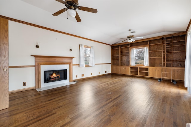 unfurnished living room featuring dark wood-style floors, lofted ceiling, ceiling fan, and baseboards