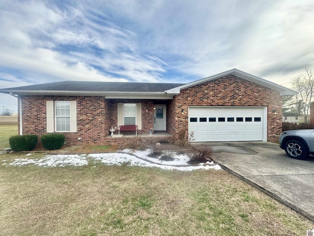 ranch-style house with a garage, brick siding, concrete driveway, roof with shingles, and a front lawn