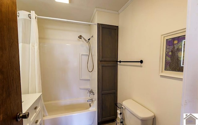 full bath with ornamental molding, shower / bath combination with curtain, and vanity