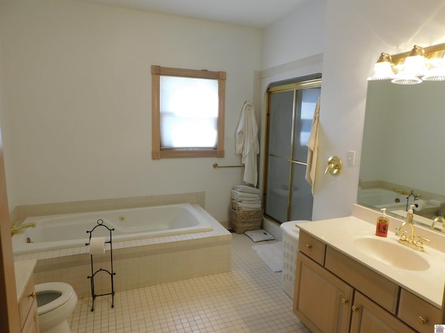 full bath with toilet, a bathing tub, a shower stall, vanity, and tile patterned floors