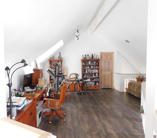 home office featuring dark wood-type flooring and lofted ceiling with skylight