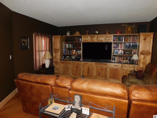 living area with a textured ceiling, baseboards, and wood finished floors