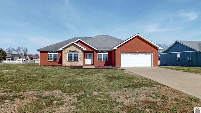 ranch-style house featuring an attached garage, brick siding, fence, concrete driveway, and a front lawn