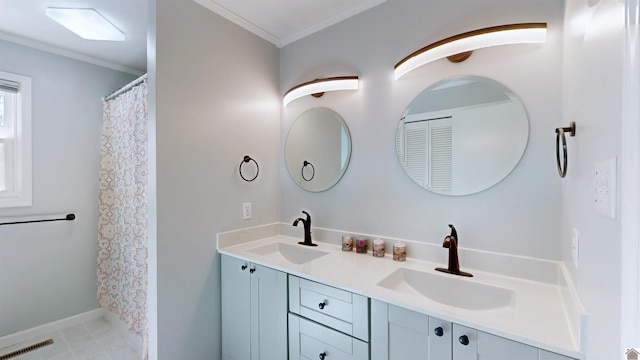 full bathroom with ornamental molding, a sink, and visible vents