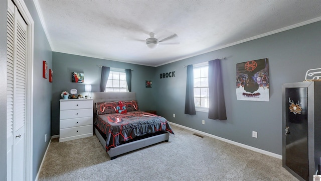 bedroom featuring light carpet, multiple windows, visible vents, and baseboards