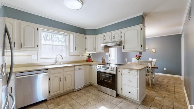 kitchen featuring a peninsula, stainless steel appliances, light countertops, under cabinet range hood, and a sink