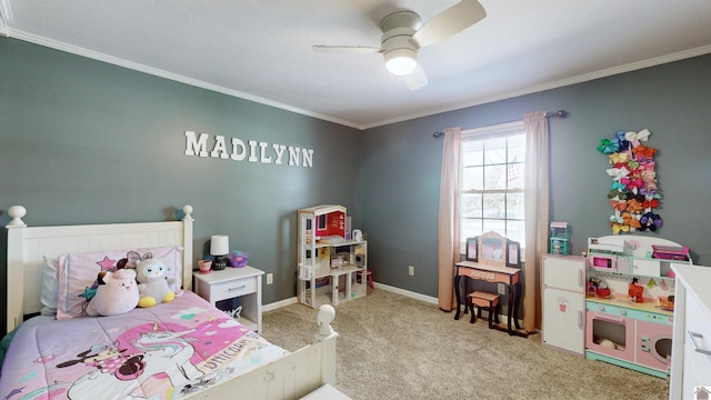 bedroom with light carpet, crown molding, baseboards, and ceiling fan