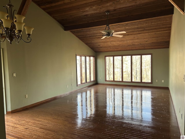 spare room with ceiling fan with notable chandelier, wood finished floors, wood ceiling, and baseboards