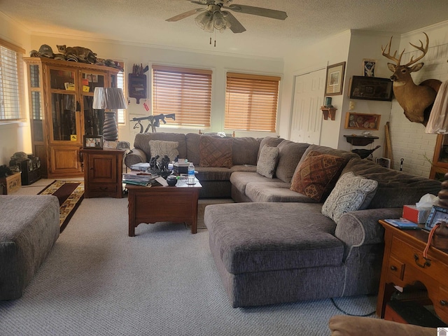 living area with light carpet, a textured ceiling, and a wealth of natural light