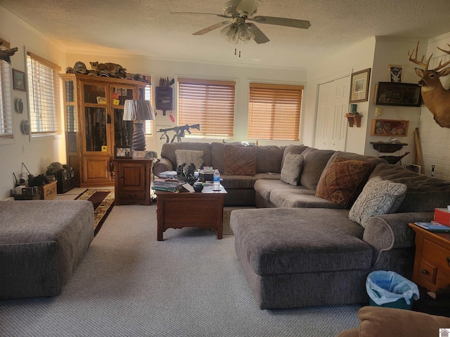 living room with light carpet, a textured ceiling, a wealth of natural light, and crown molding