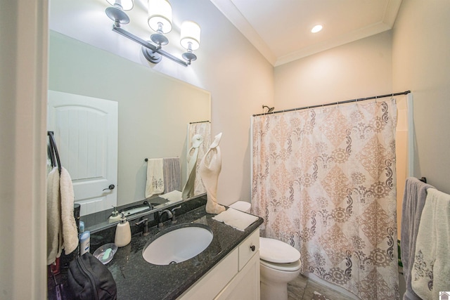 bathroom with toilet, ornamental molding, vanity, and curtained shower