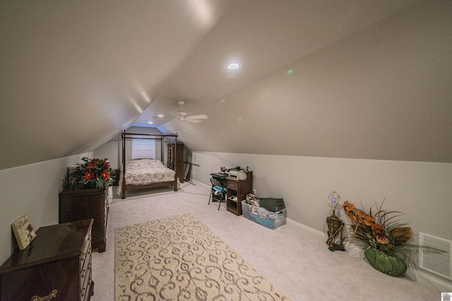 bedroom with light carpet, visible vents, a ceiling fan, vaulted ceiling, and recessed lighting