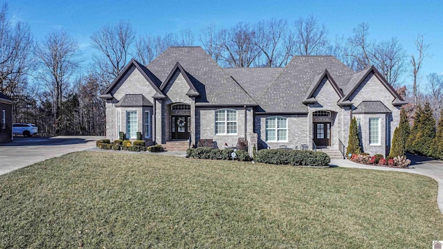 french country inspired facade with a shingled roof, a front yard, and brick siding