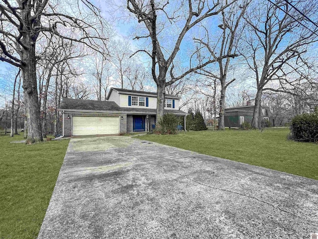 view of front facade featuring concrete driveway, a front lawn, an attached garage, and brick siding