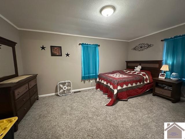 carpeted bedroom featuring ornamental molding, a textured ceiling, and baseboards