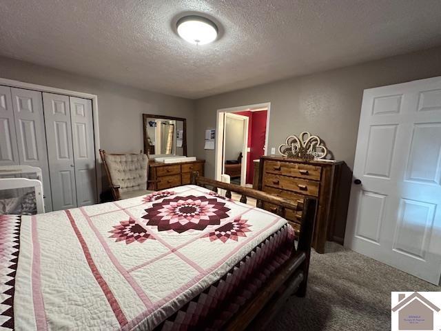 carpeted bedroom with a textured ceiling and a closet