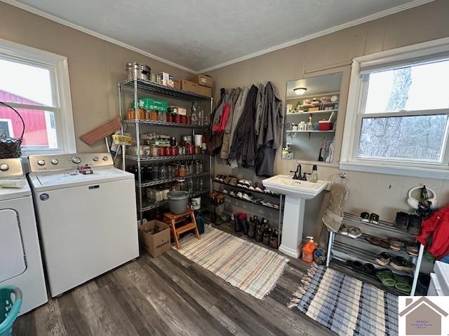 laundry area with washing machine and dryer, laundry area, crown molding, and wood finished floors